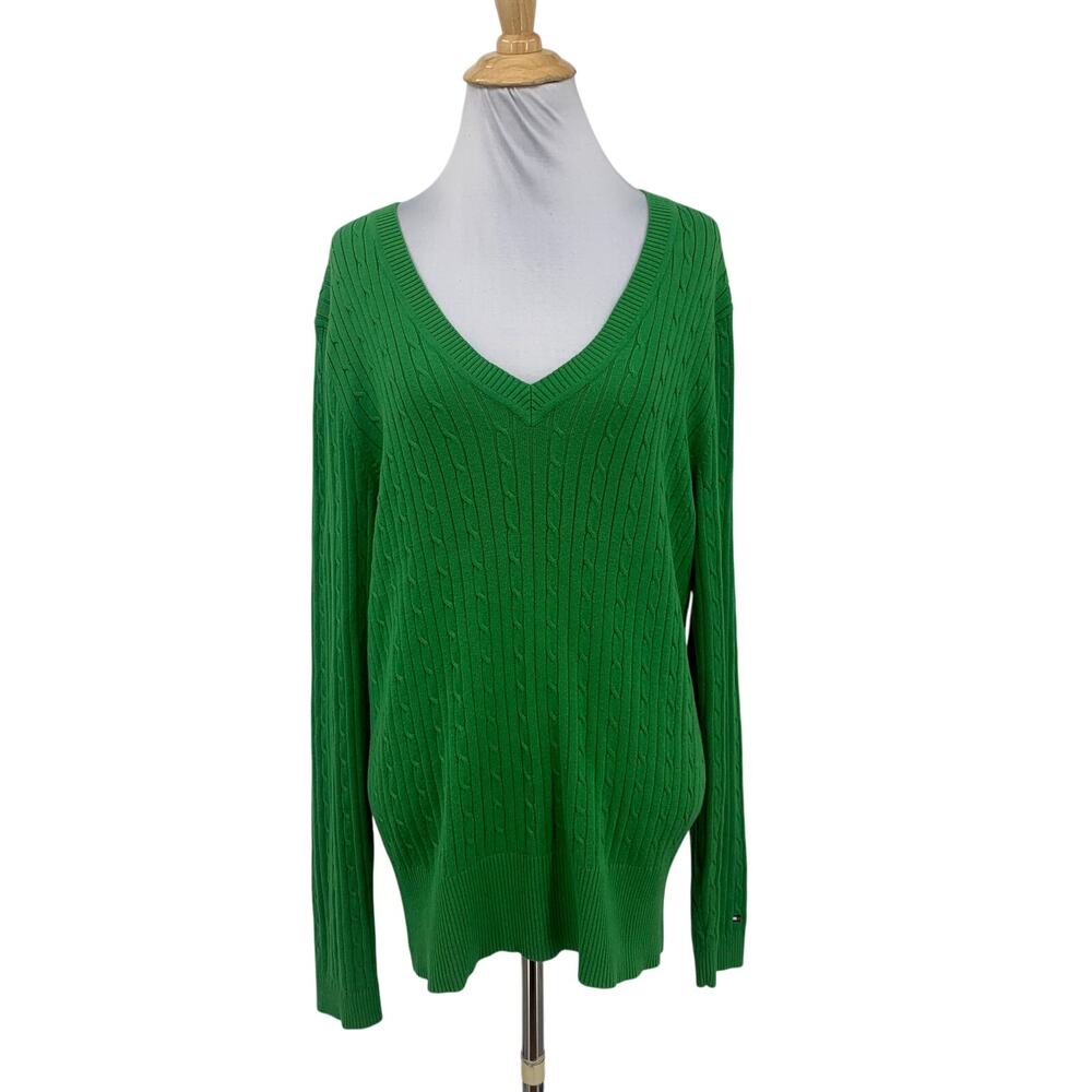 Tommy Hilfiger Sweater Womens XL Extra Large Parrot Cable Knit V Neck Pullover